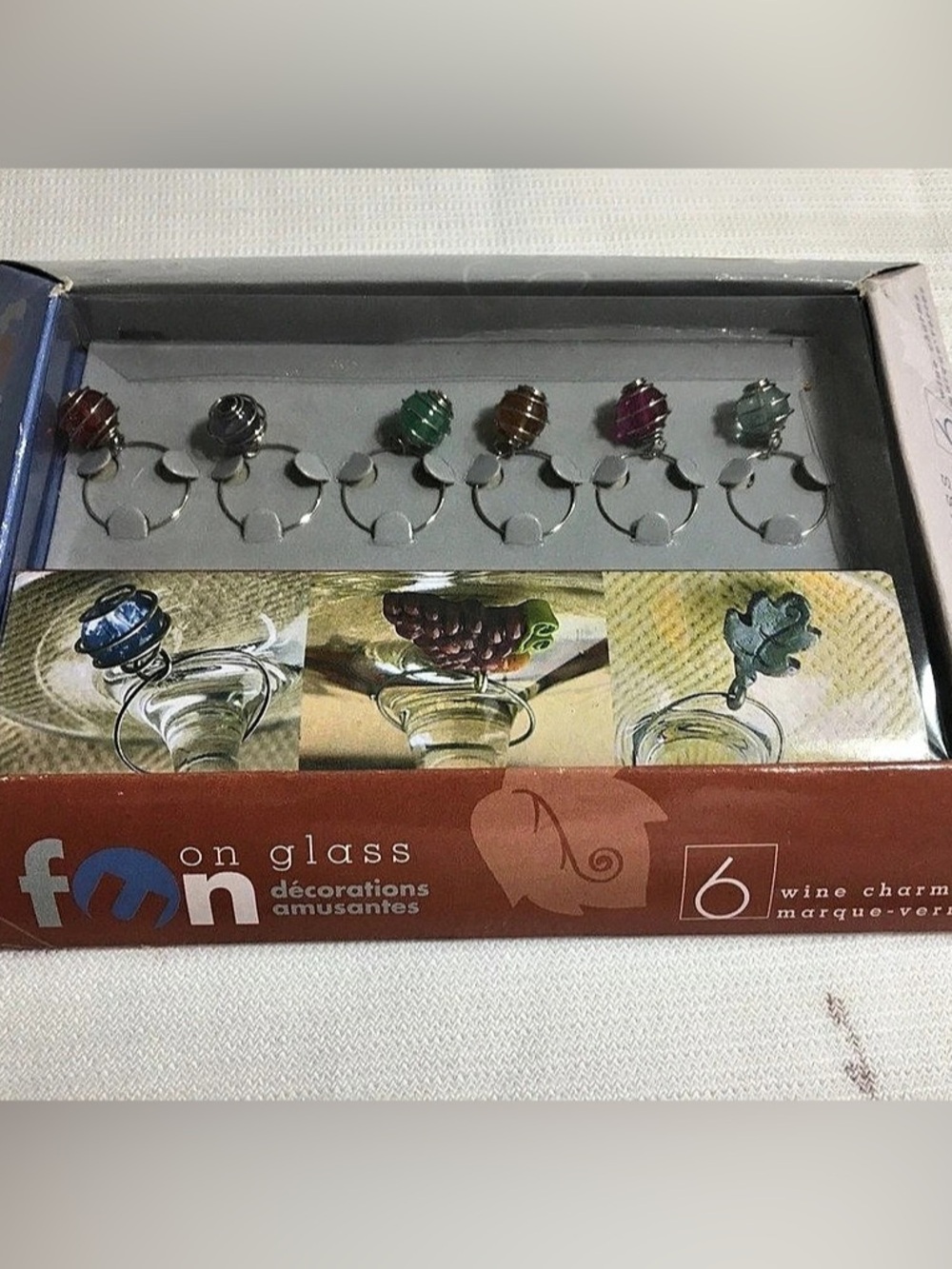 🍷 Fun On Glass 6 Wine Glass Charms Marque-Verrerie NWT in Orig Box